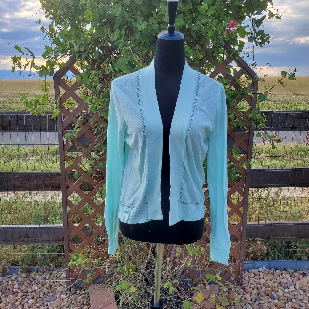 Cyrus Mint Green Open Front 100% Cotton Cardigan Sweater Women's Size Large EUC